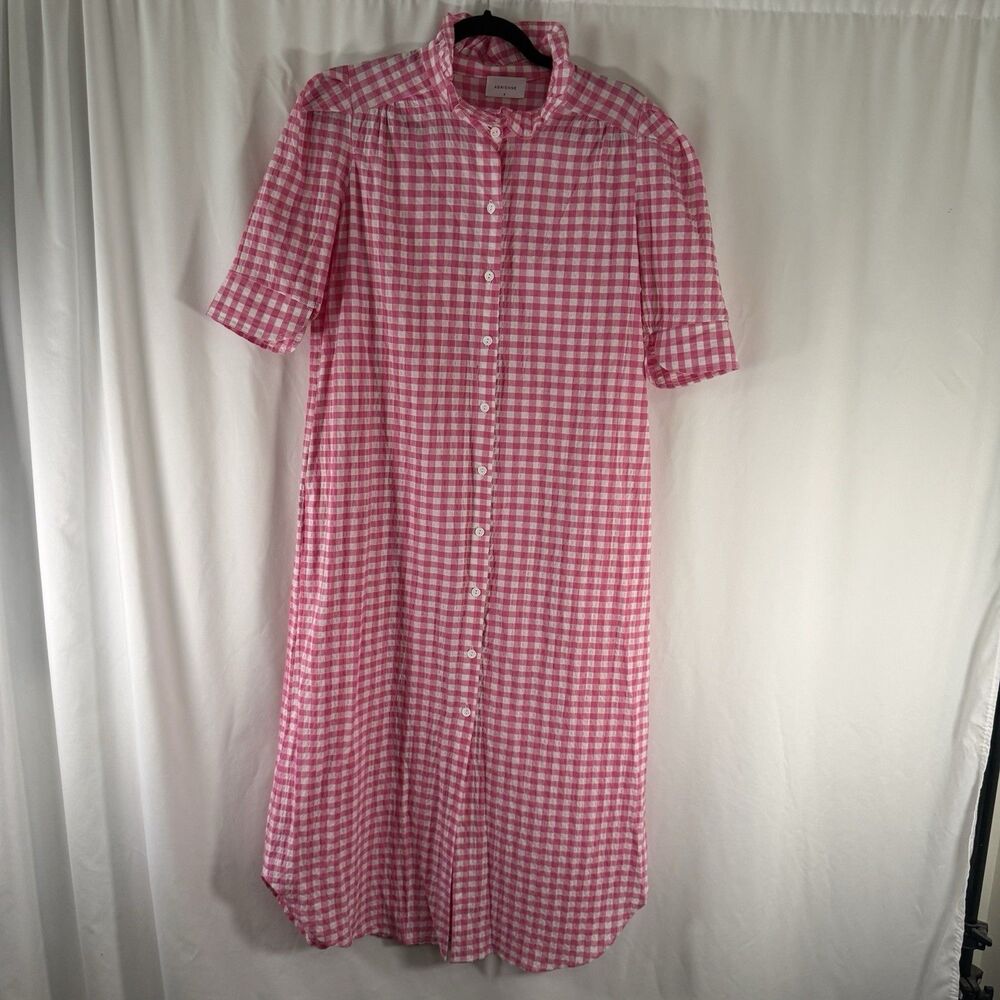Adrienne Maxi Dress Women's Small Pink White Gingham Plaid Button Up Short Sleev